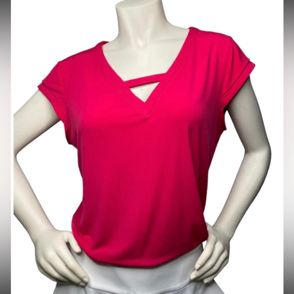 7th AVENUE NEW YORK & COMPANY Rose Pink Cap Short Sleeve V Neck Jersey Shirt, L
